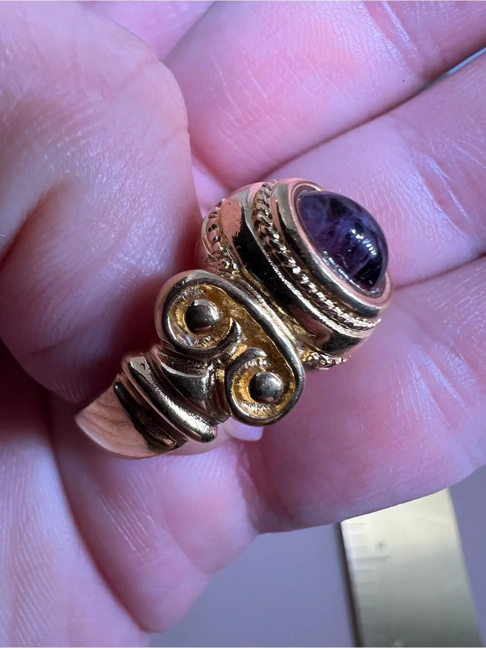 Gold-Tone Women's Ring with Purple Cabochon Stone
